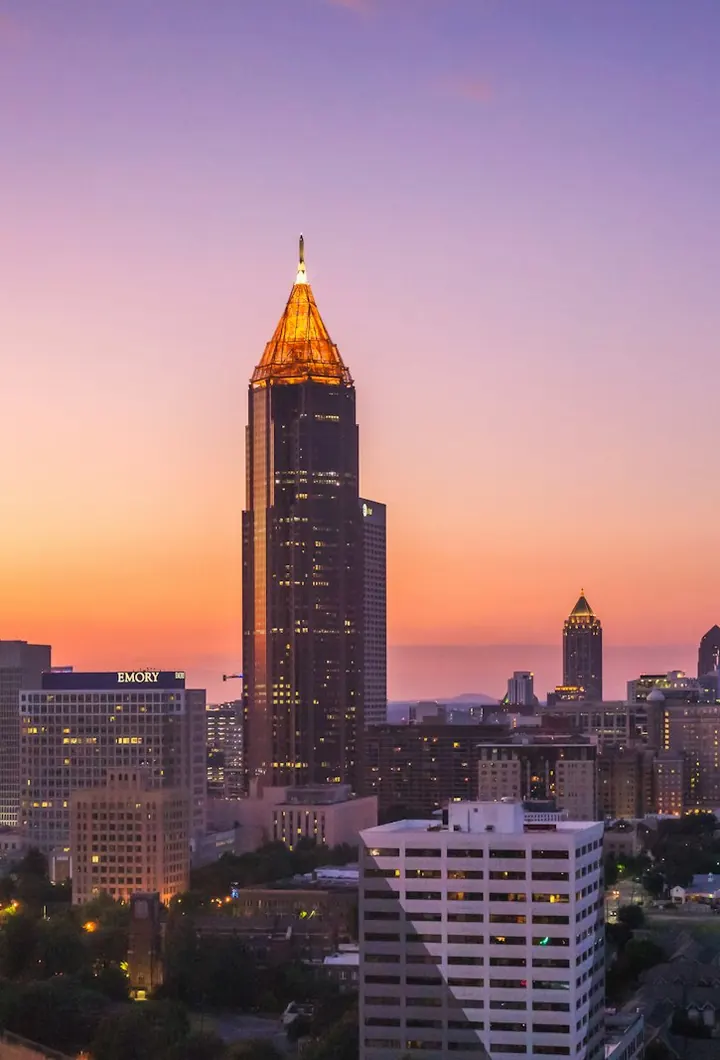 Atlanta skyline at sunset with the Bank of America Plaza spire