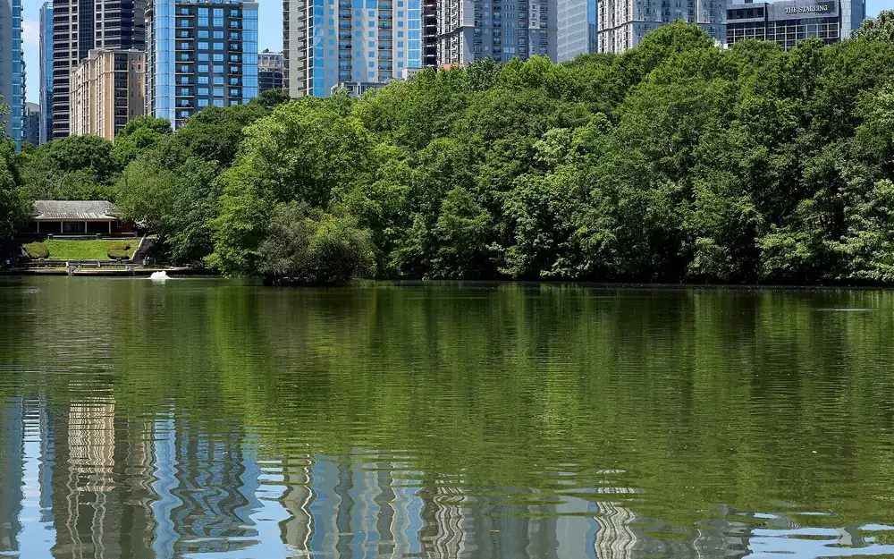 Lake Clara Meer at Piedmont Park with the Midtown Atlanta skyline